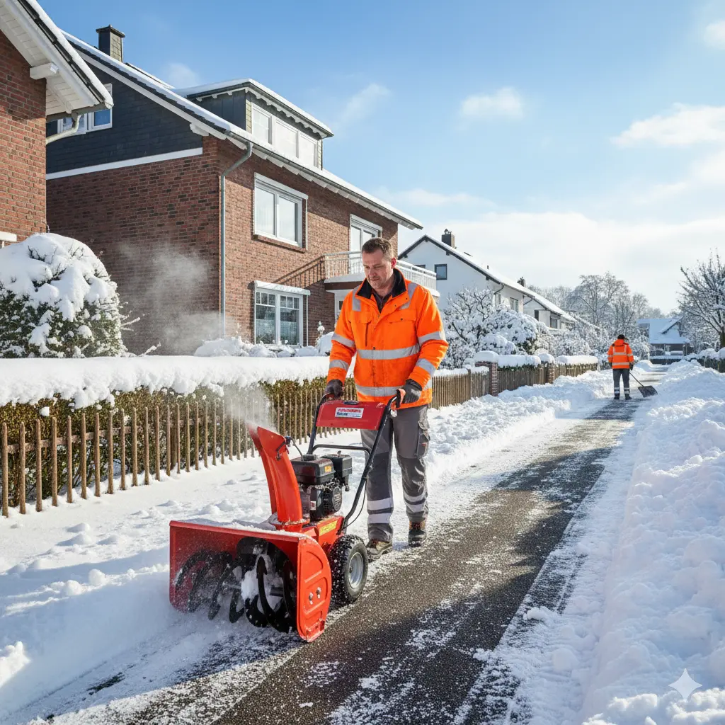 Professioneller Winterdienst und Schneeräumung vor einem Wohngebäude durch Opaluch Hausmeisterservice.