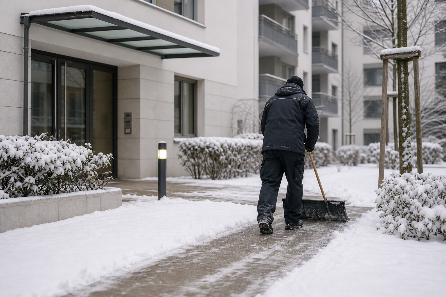 Winterdienst an einer Wohnanlage in München